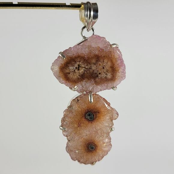 Handmade Silver Pendant – Pink Stalactite Slice + 20" Sterling Silver Chain - Picture 5 of 10